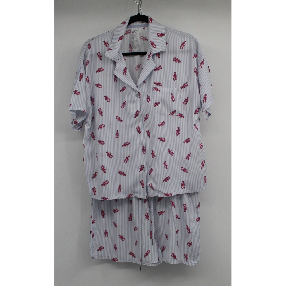 Jaclyn New York Womens Blue White Striped Lobster Pajama Set Short Sleeve Large